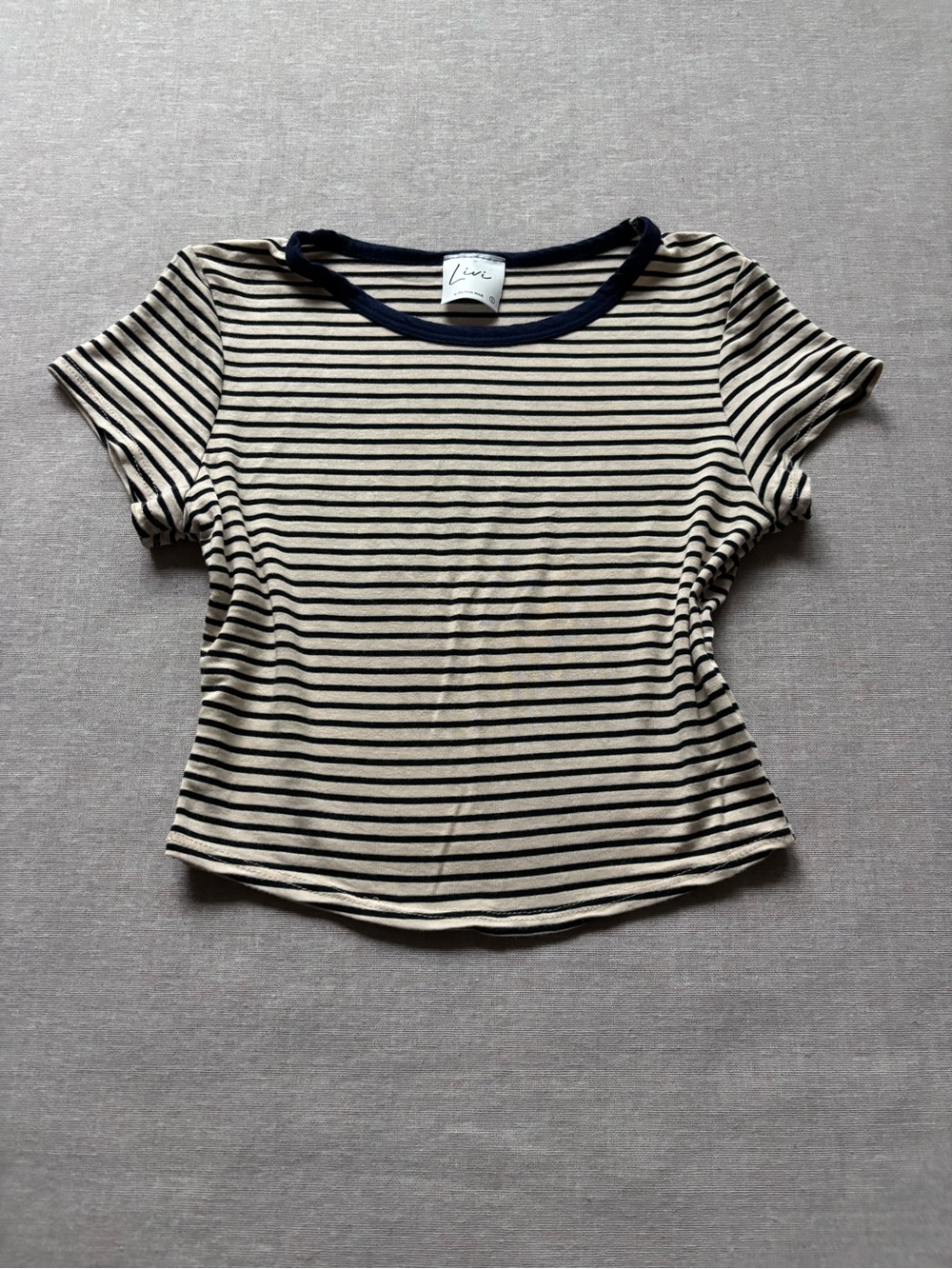 Olivia Rae Navy-Striped Beige Short Sleeve Crew Tee